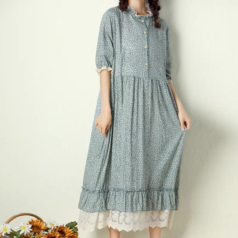 Cotton And Linen Dress Women's Short Sleeve Floral