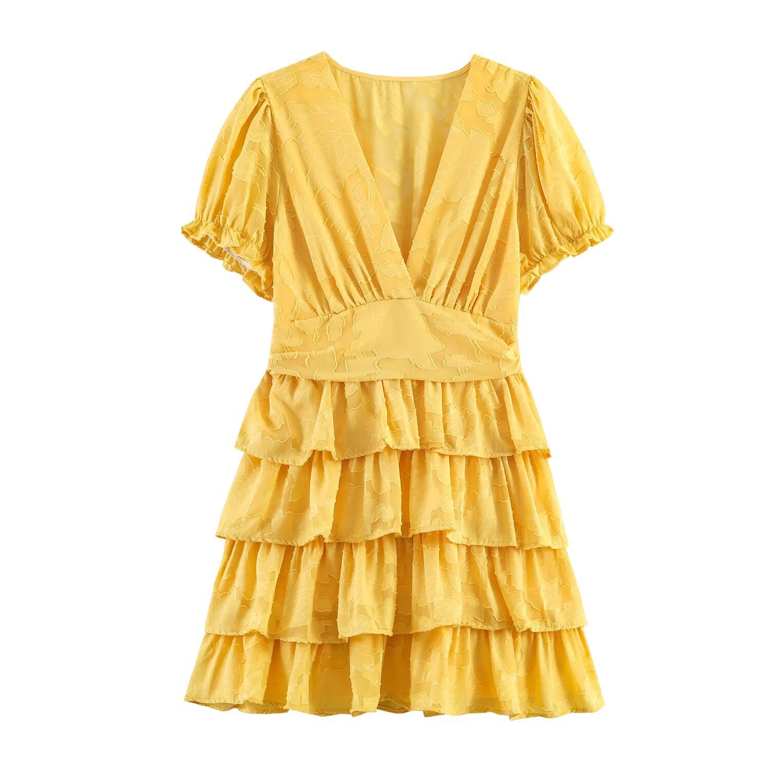 Fashionable V-neck Waist-cinched Dress With Puff Sleeves