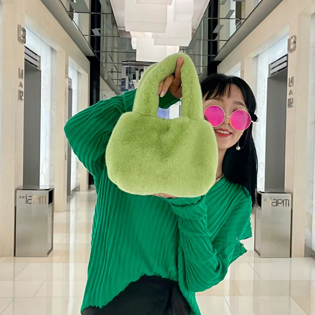 Furry Cute Artificial Fur Rex Rabbit Mink Plush Hand Bag Green - Shop at LoveMi