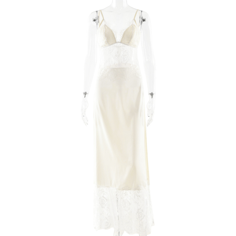 Lace-Panel Sheer Backless Deep V-Neck Slip Dress