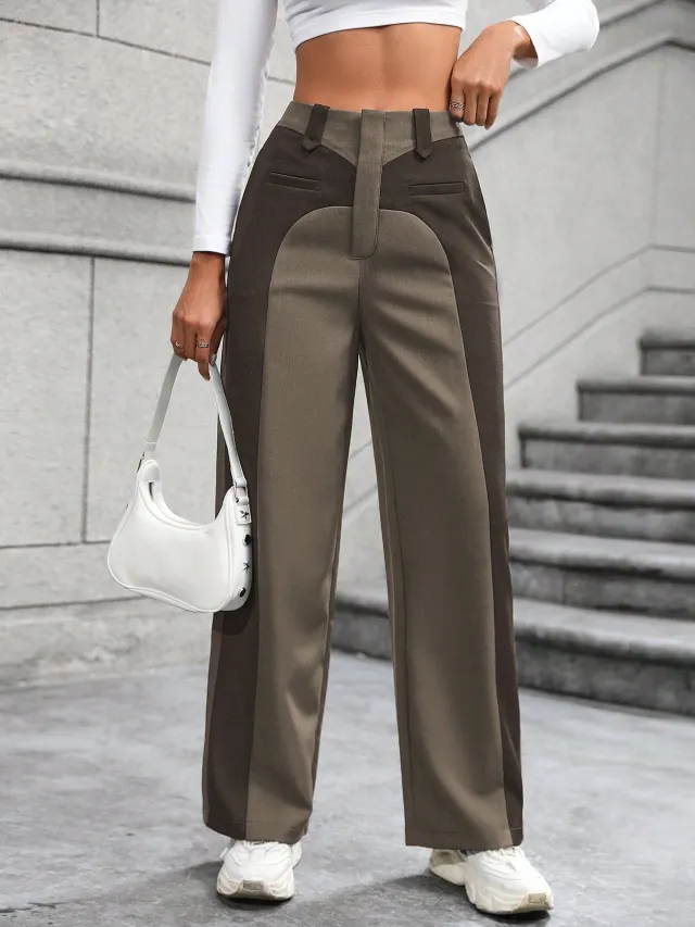Patchwork Temperament Commuting High waisted Casual Versatile Slimming Wide leg Pants Coffee - Shop at LoveMi