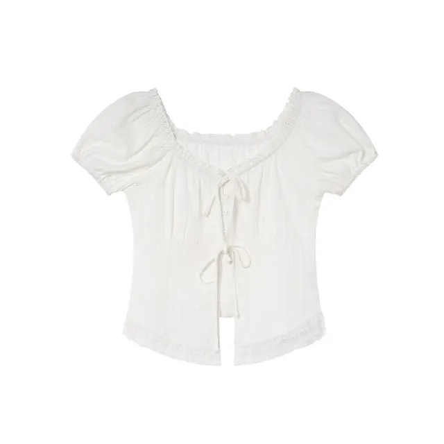 Lace Edge Lace up Short sleeved Shirt Women's Top White - Shop at LoveMi