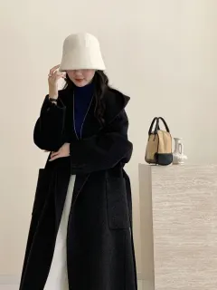 Solid Colour Hooded Double-sided Wool Overcoat Women - Black - View 1