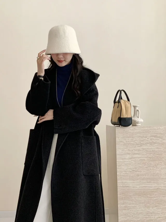 Solid Color Hooded Double sided Wool Overcoat Women Black - Shop at LoveMi