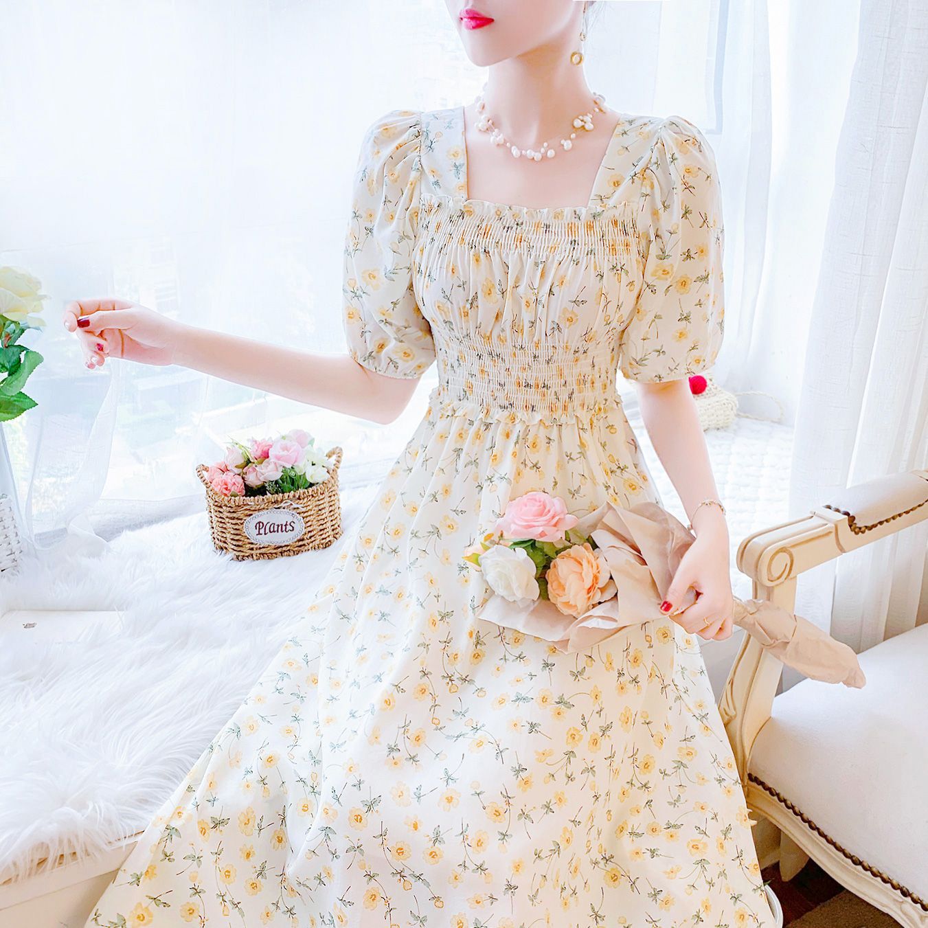 Vintage Floral Chiffon French First Love Fairy Princess Long Dress