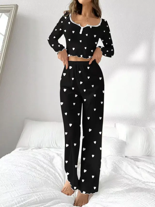 Printed Black White Heart Women's Home Clothes Black - Shop at LoveMi