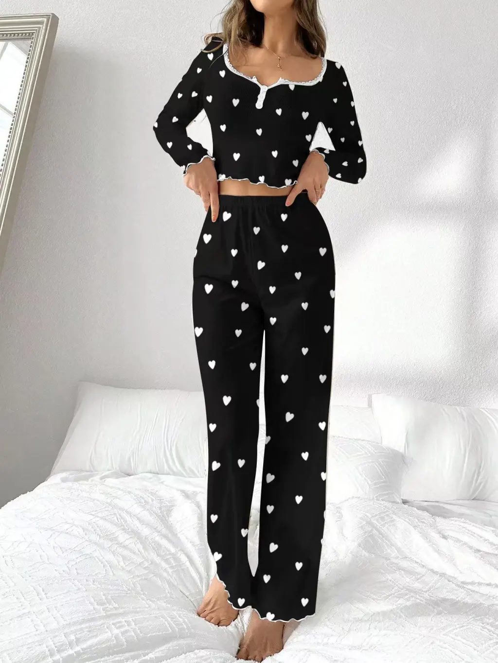 Printed Black White Heart Women's Home Clothes - Black