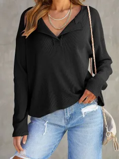 Women's Fashionable Casual All-match V-neck Long-sleeved Top - Black - View 1
