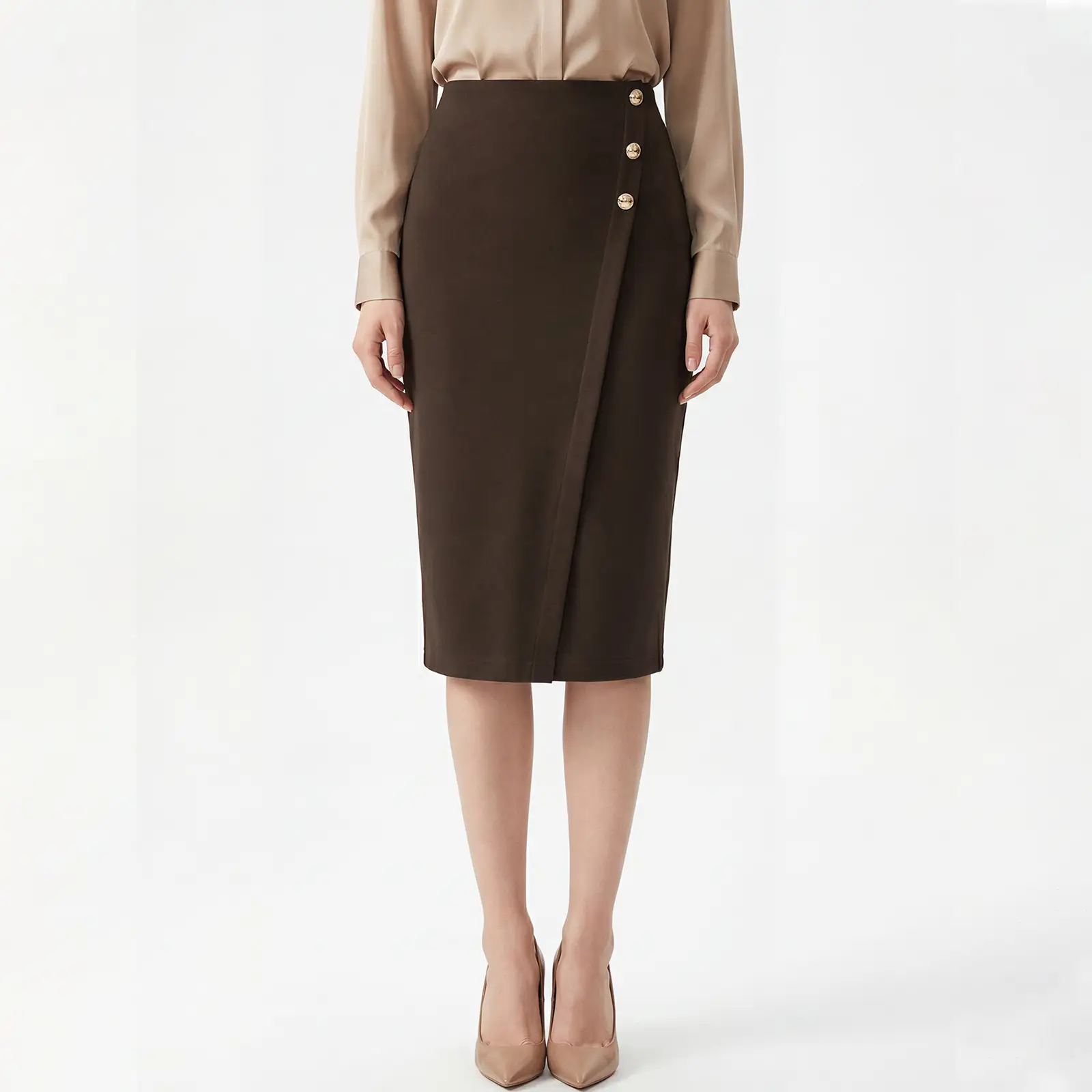 High-waisted Figure-flattering Sheath-style Straight Midi Skirt With A Slit Womens