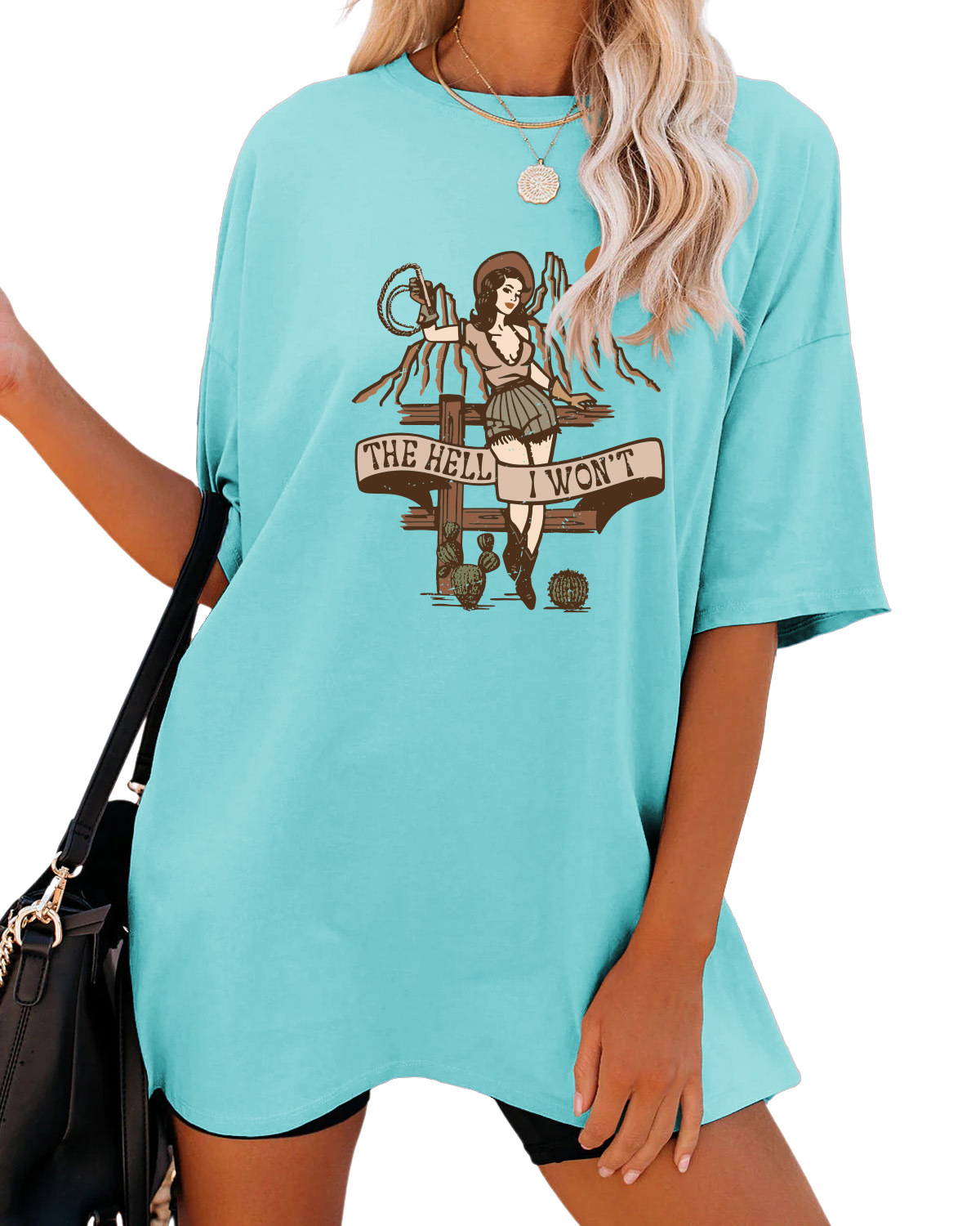 Women's Fashion Casual The Hell I Won't Print Round Neck Short Sleeve Blue - Shop at LoveMi