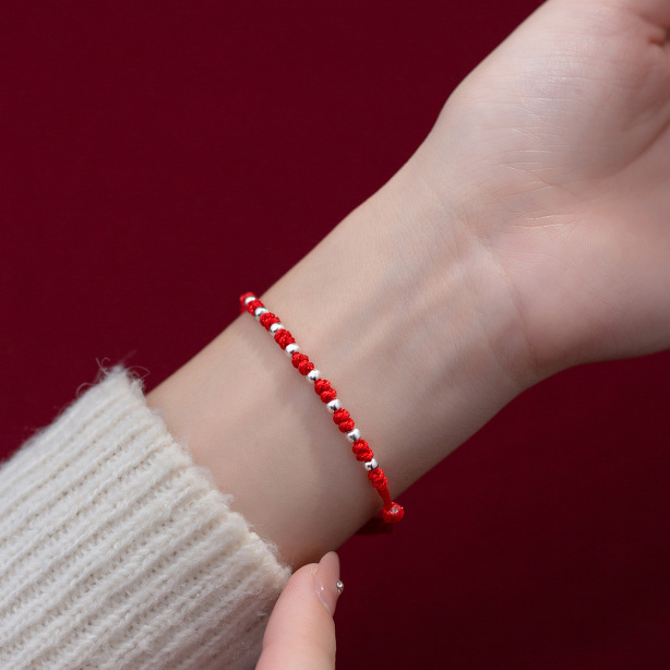 S925 Silver Simple Interval 8 Pieces Light Bead Red Rope Hand-woven