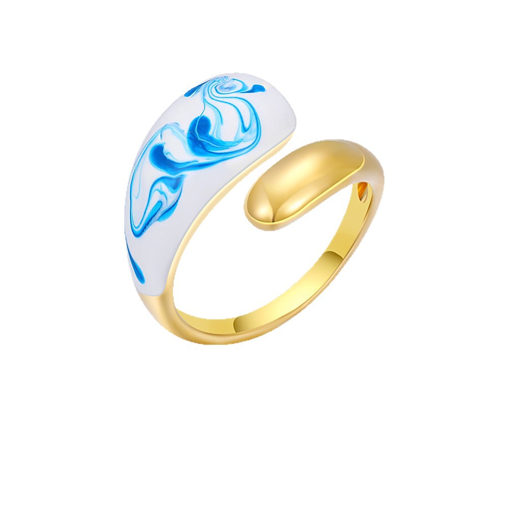 Vintage Enamel Oil-Blue And White Pattern Ring For Women