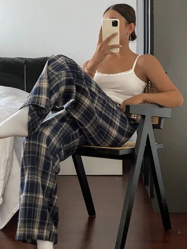 High Waist Straight Wide Leg Casual Homewear Pants Navy Grid - Shop at LoveMi