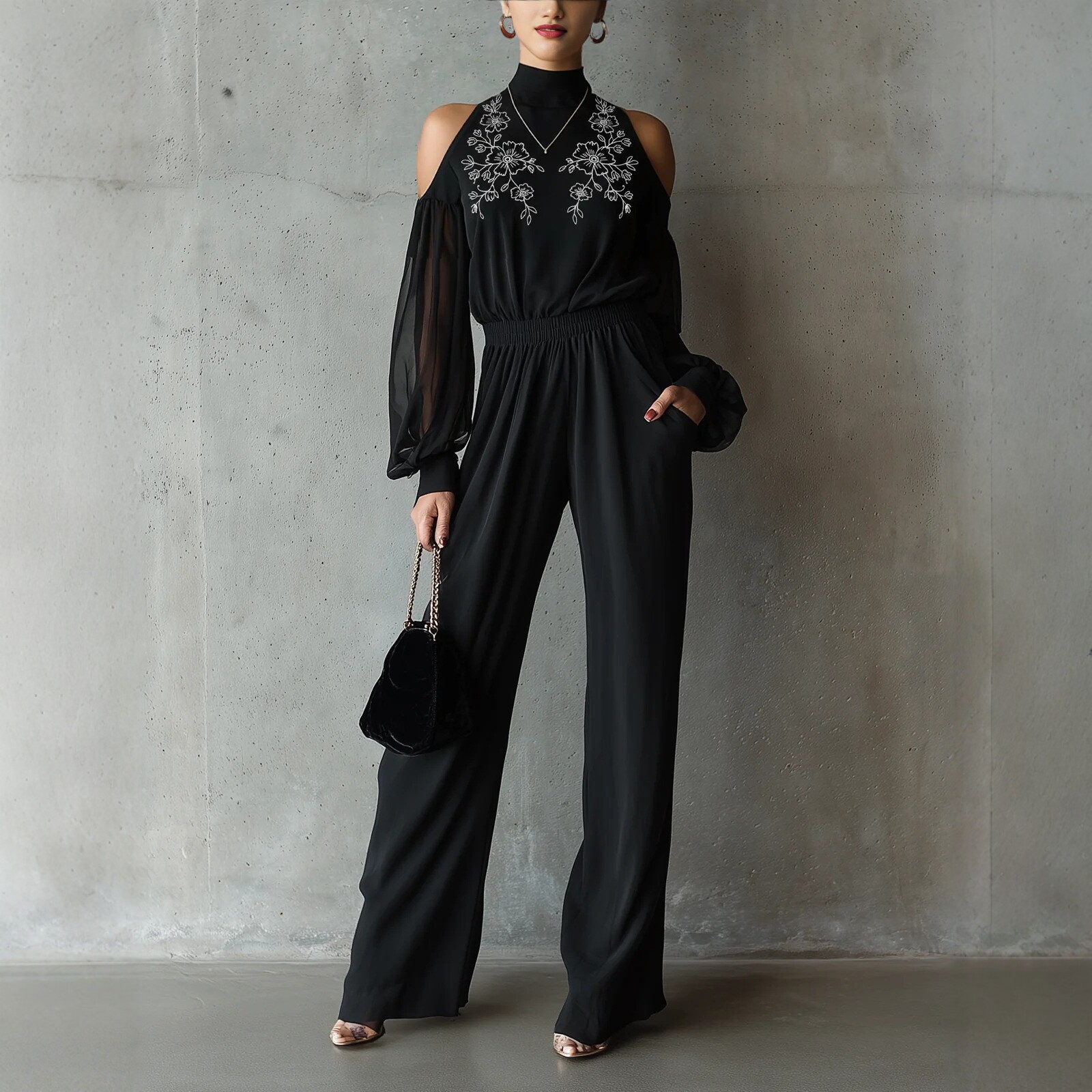 Black Embroidered Womens Long-Sleeve Wide-Leg Jumpsuit