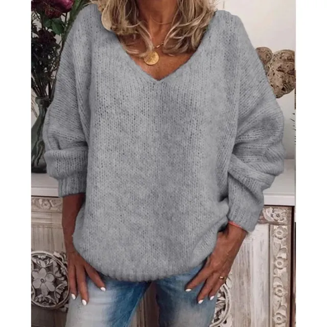 V neck Solid Color Loose Casual Sweater Pullover Gray - Shop at LoveMi