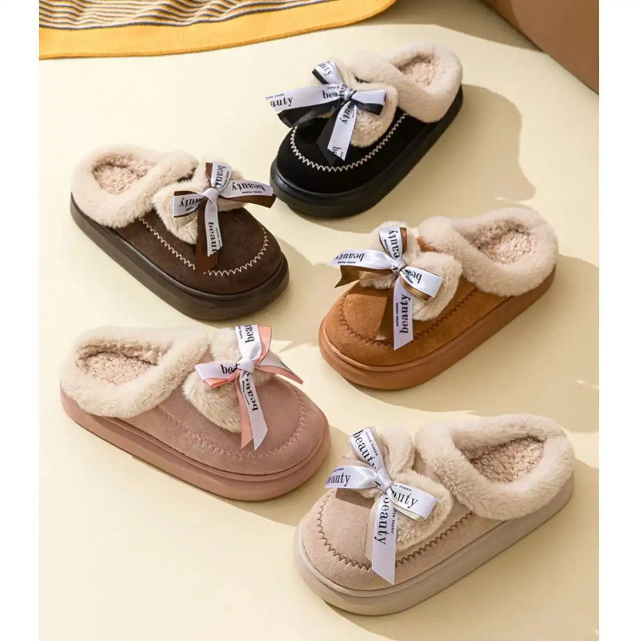 Women's Ribbon Bow Cute Thick Bottom Cotton Half Slippers