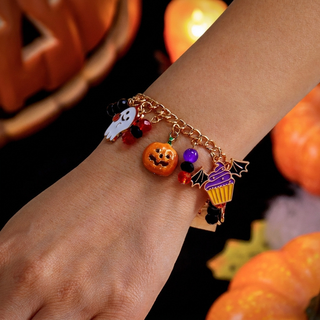 Halloween Collection Pumpkin Ghost And Spider Multi-Pendant Bracelet