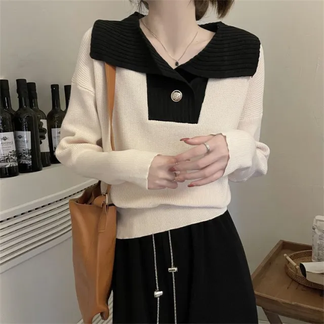 French Contrast Color Lapels Knitted Long Sleeve Sweater Apricot - Shop at LoveMi