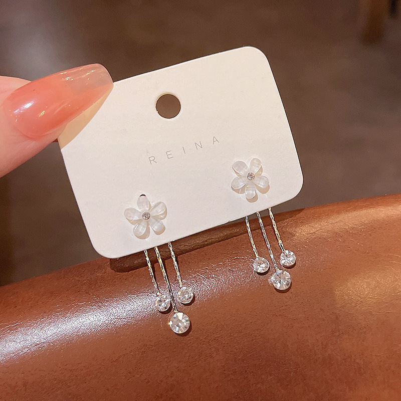 Silver Needle Long Fringed Zircon Earrings