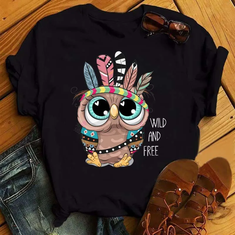 Women's Owl Print Casual Short-sleeved T-shirt - Bt6635 Hs