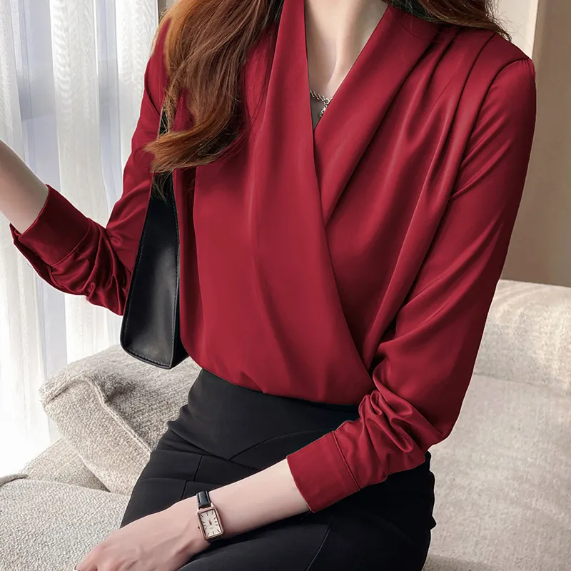 Business Shirt Niche Cross V-neck Long Sleeve All-match Satin Top - Red