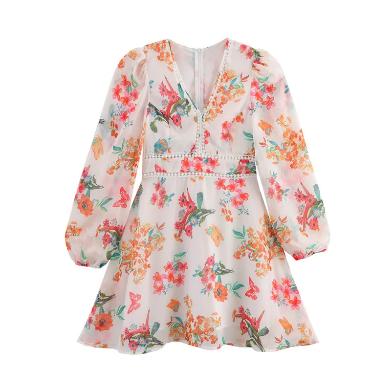 Summer Small Floral Flower Printed V-neck Tight Waist Patchwork Edge Dress