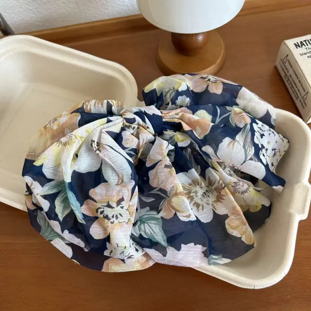 Korean Elegant Simple Chiffon Tulle Floral Bow Navy Blue - Shop at LoveMi