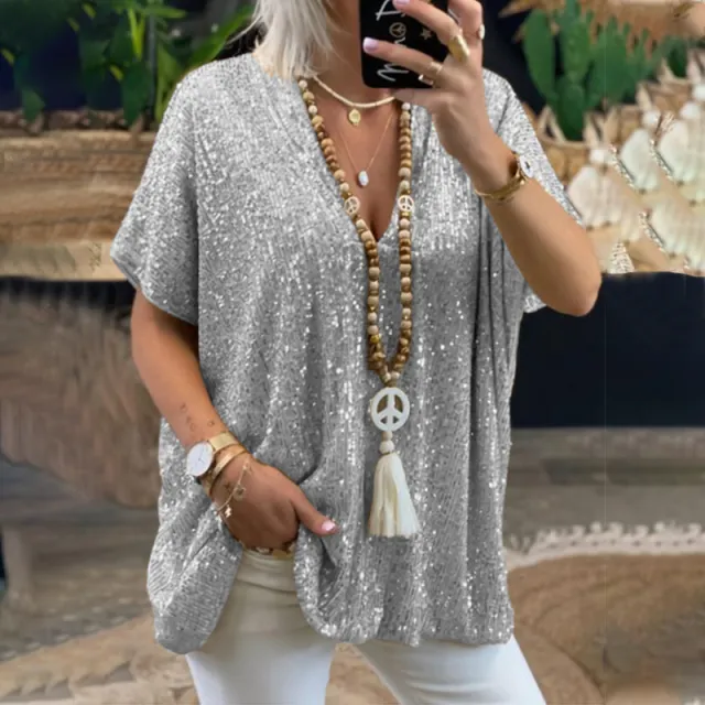 Loose Pullover Sequined V neck T shirt Top Women's Clothing Silver - Shop at LoveMi