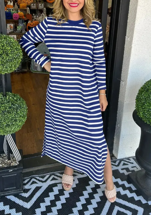 Women's Fashion Striped Slit Round Neck Dress Knitted And Emerized Dress Blue - Shop at LoveMi