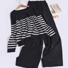 Loose Temperament Slimming Round Neck Long Sleeve Striped Top High Waist Wide Leg Trousers Knitted Two-piece Women - Black - View 1