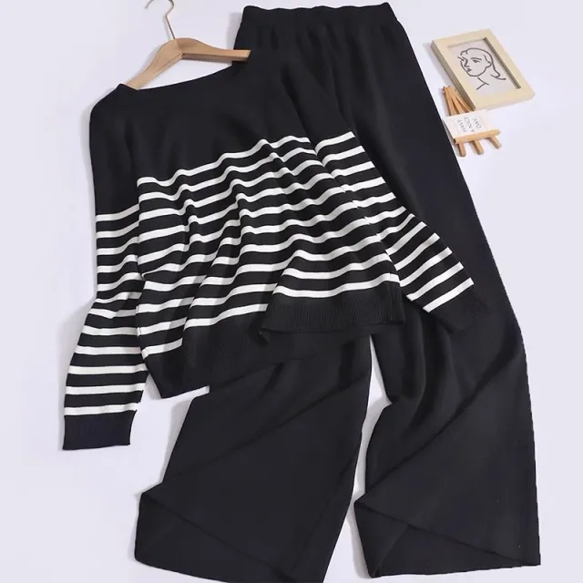 Loose Temperament Slimming Round Neck Long Sleeve Striped Top High Waist Wide Leg Trousers Knitted Two piece Women Black - Shop at LoveMi