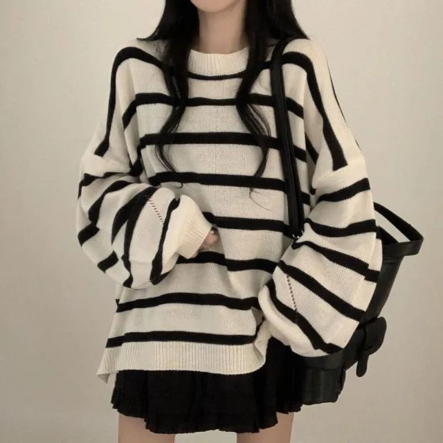 Sweater Idle Style Loose Striped Pullover Long Sleeve Sweater White Stripes - Shop at LoveMi