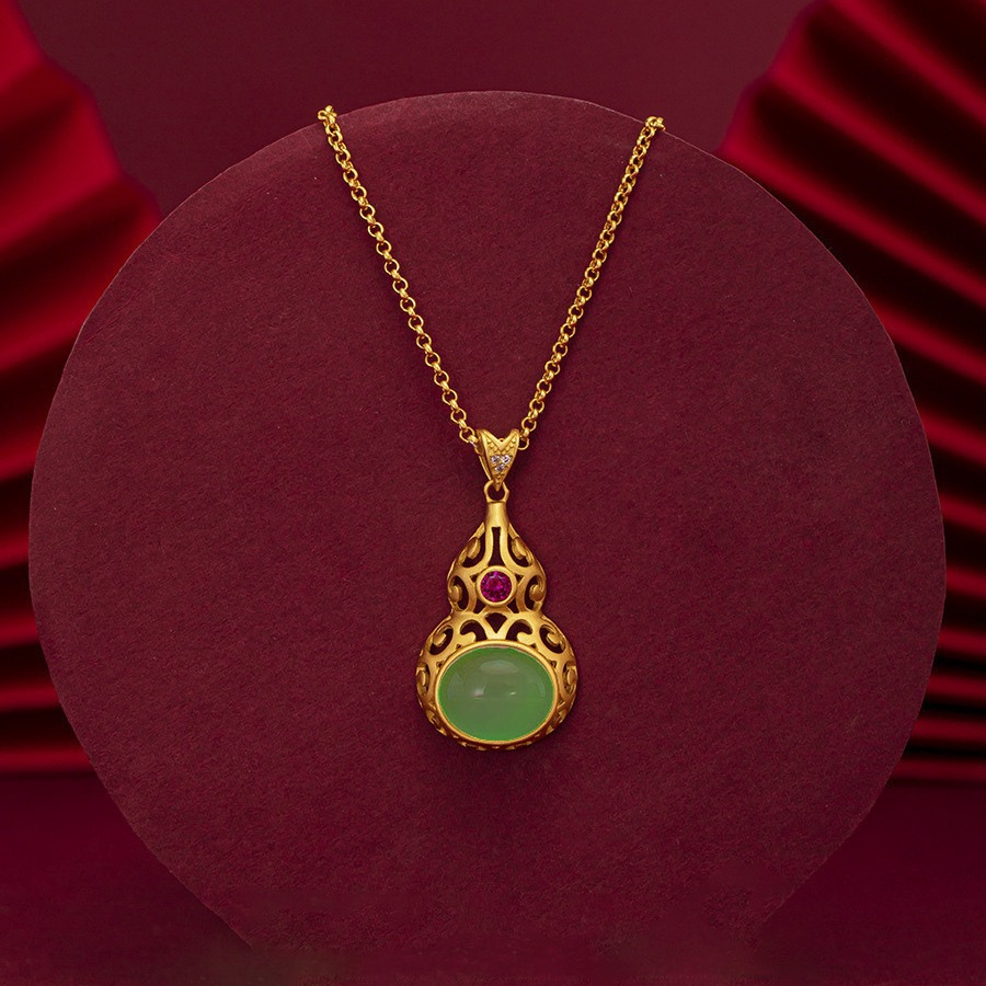 Original Chinese-style Jadeite And Sterling Silver Gourd Pendant With Traditional Gold Plating