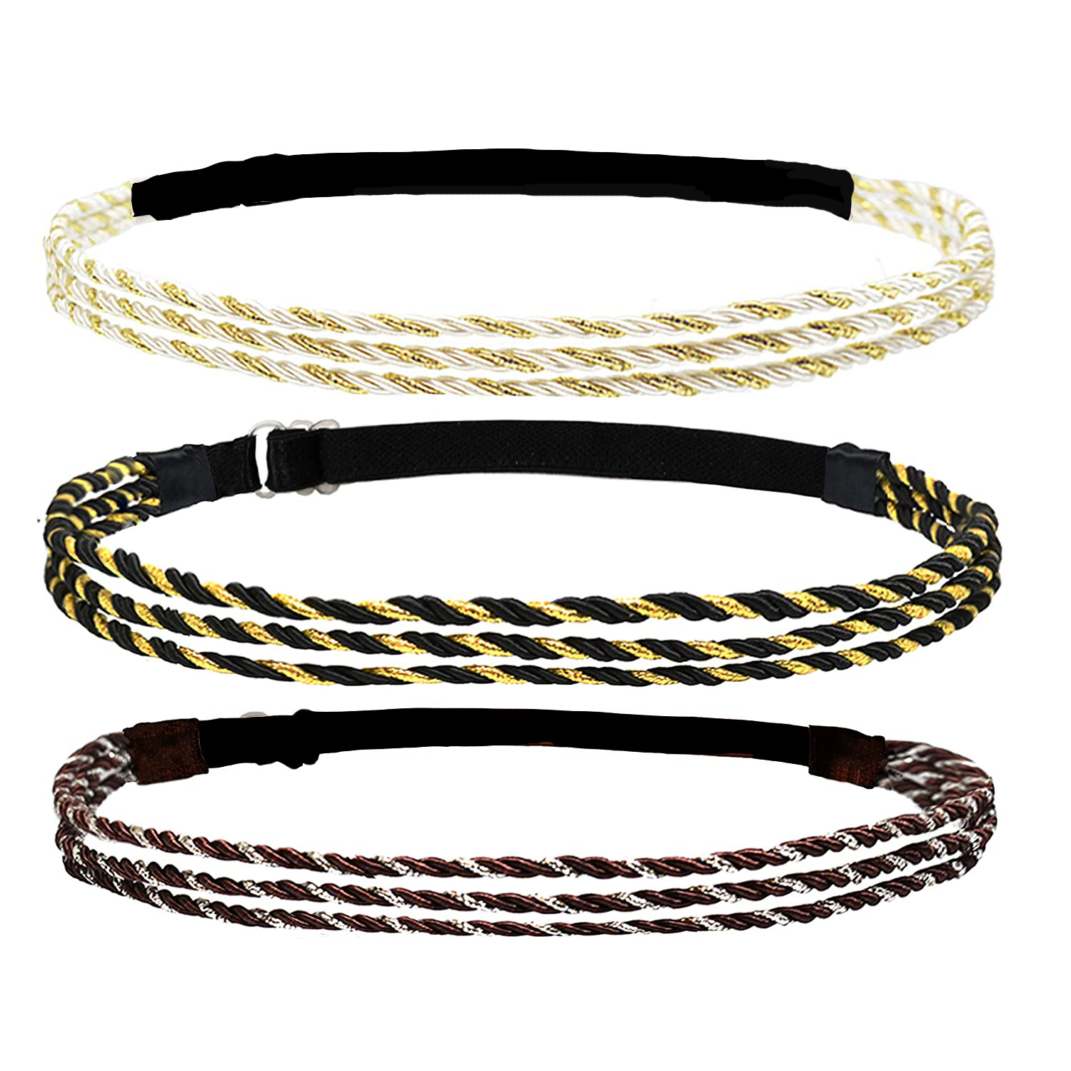 Adjustable Elastic Woven Headband Three Strands Twisted Gold Silver Coffee White Twist - Shop at LoveMi