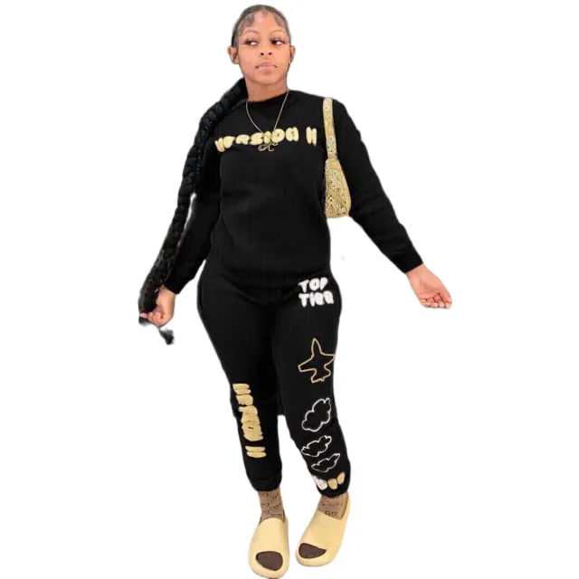 Lettered Casual Sports Home Women's Top Two piece Pants Black - Shop at LoveMi