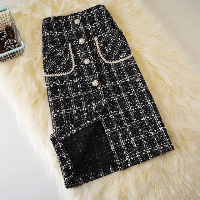 New Fashion Mid length Female Online Influencer A Line High Waist Slimming Woolen Plaid Skirt Trendy Style Black - Shop at LoveMi