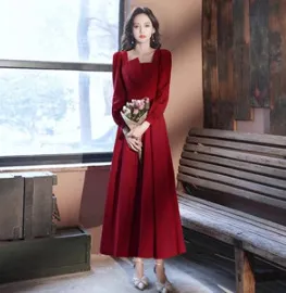 Elegant And Minimalist Square neck Dress For Women Perfect For Spring And Fall Red - Shop at LoveMi