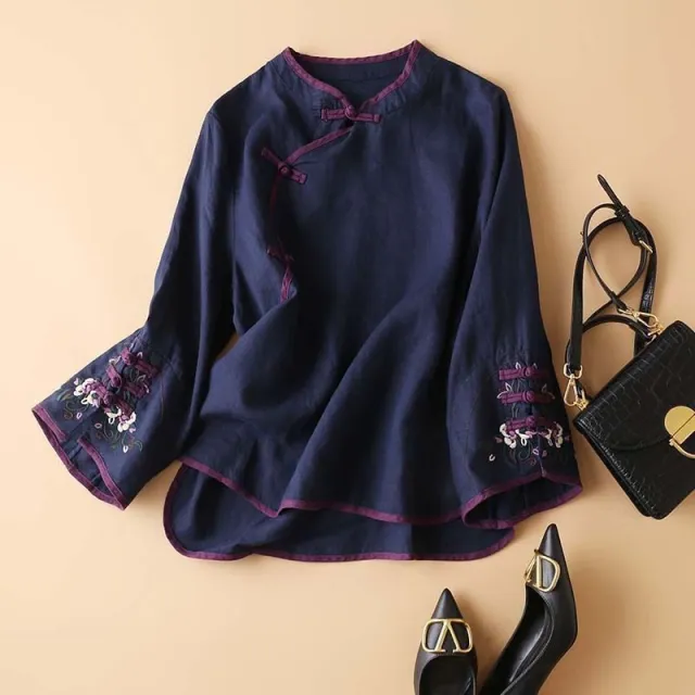 Women's Loose Top Shirt With Crossbody Buckle Navy Blue - Shop at LoveMi