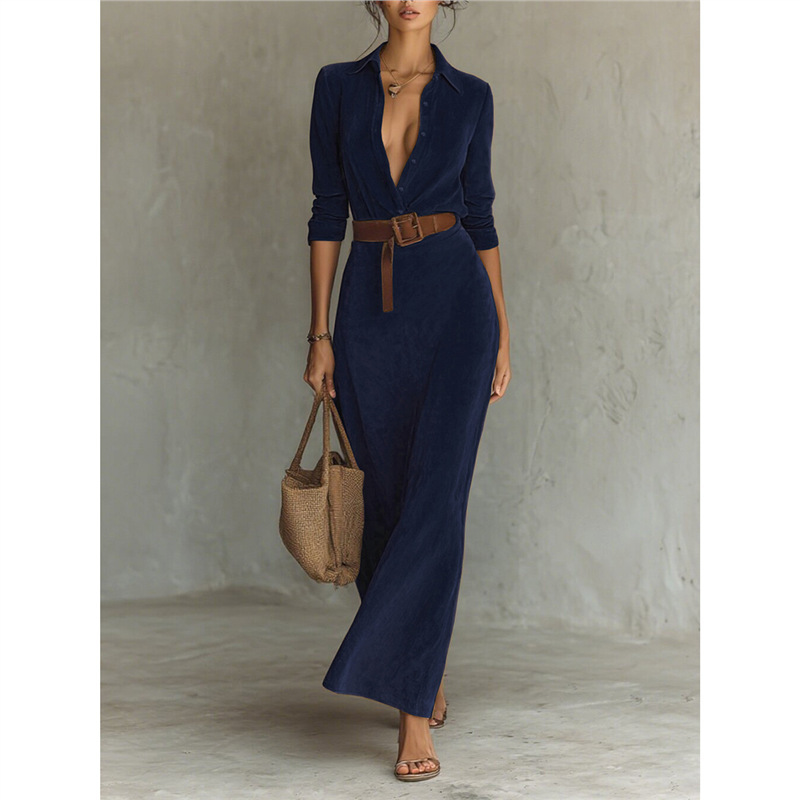 New Waist tight Long Women's Dress With Belt Navy - Shop at LoveMi