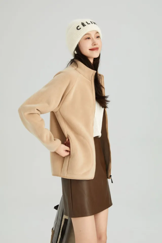 Lambswool Stand Collar Cardigan Short Coat Apricot - Shop at LoveMi