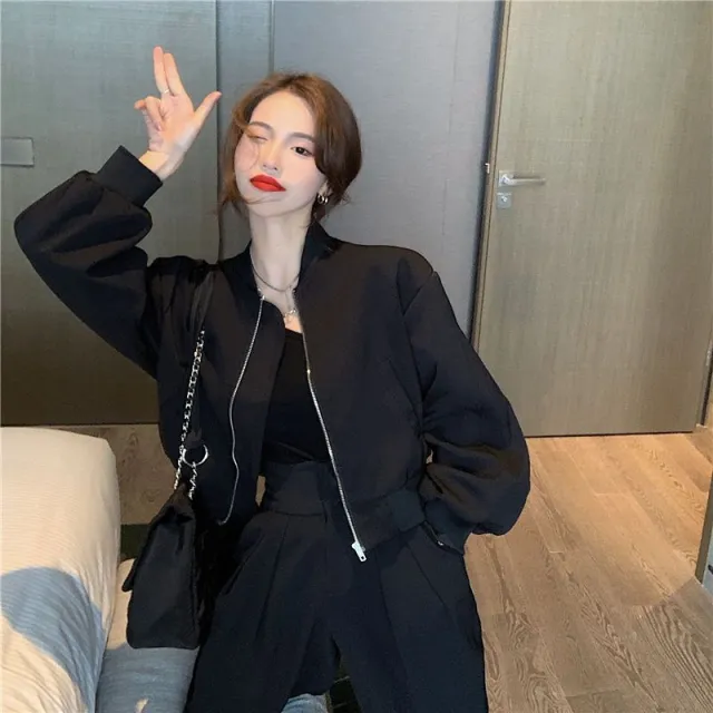 Women's Versatile Stand up Collar Baseball Jacket For Spring And Autumn Black - Shop at LoveMi