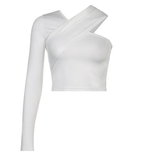 One shoulder Solid Color Top Sexy Off the shoulder V neck Waist controlled Long Sleeves Bottoming Shirt White - Shop at LoveMi