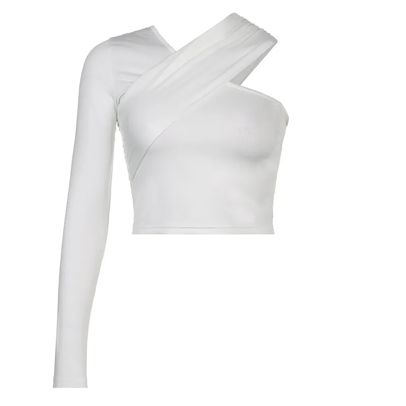 One-shoulder Solid Color Top Sexy Off-the-shoulder V-neck Waist-controlled Long Sleeves Bottoming Shirt - White