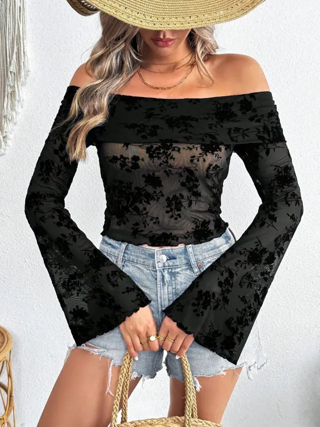 European And American Mesh Flocking Floral Print Off the shoulder Flared Sleeves Slim T shirt Floral - Shop at LoveMi