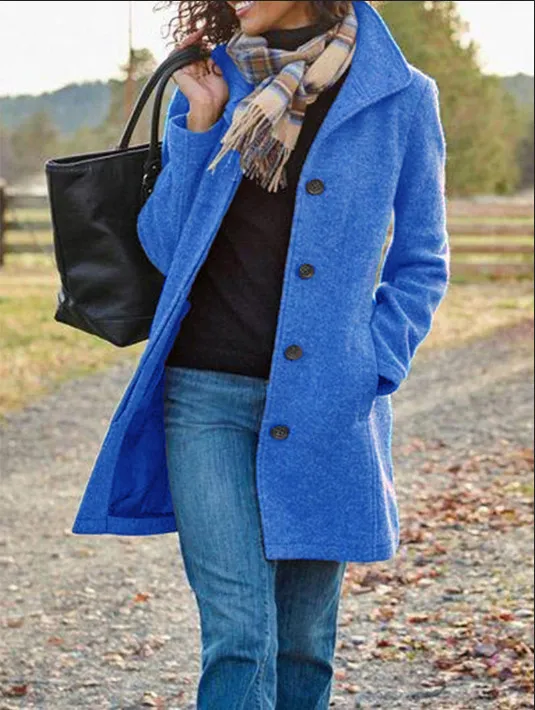 Ladies New Woolen Mid length Multi grain Buckle Cardigan Coat Blue - Shop at LoveMi