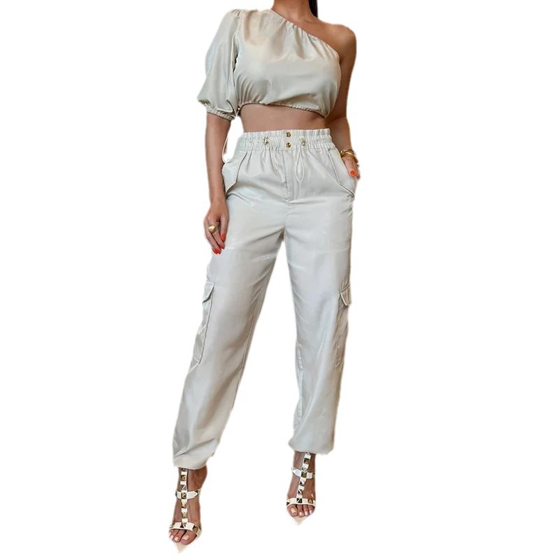 Fashion Diagonal Collar Raglan Sleeve Top And Trousers Two-piece Set