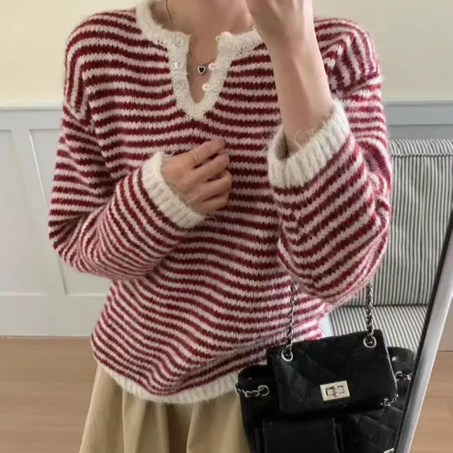 Retro Loose Soft Glutinous Striped Sweater For Women Red - Shop at LoveMi