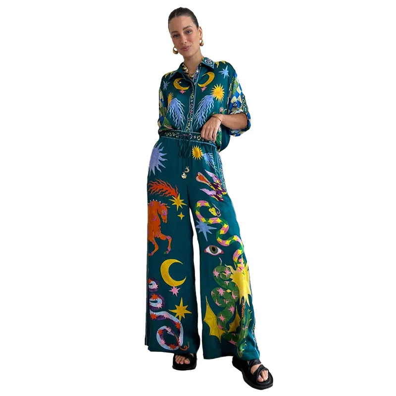 Southeast Asian Style Fashion Printed Casual Suit Two Pieces - Green