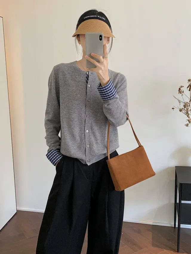 College Retro Style Fake Two piece Knitted Cardigan Base Women's Sweater Coat Light Gray - Shop at LoveMi
