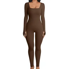 Seamless Double-layer Jumpsuit Long-sleeved Body Shaper Hip Lifting Yoga Jumpsuit Sports Jumpsuit Bodysuits - Double Layer Light Coffee - View 1
